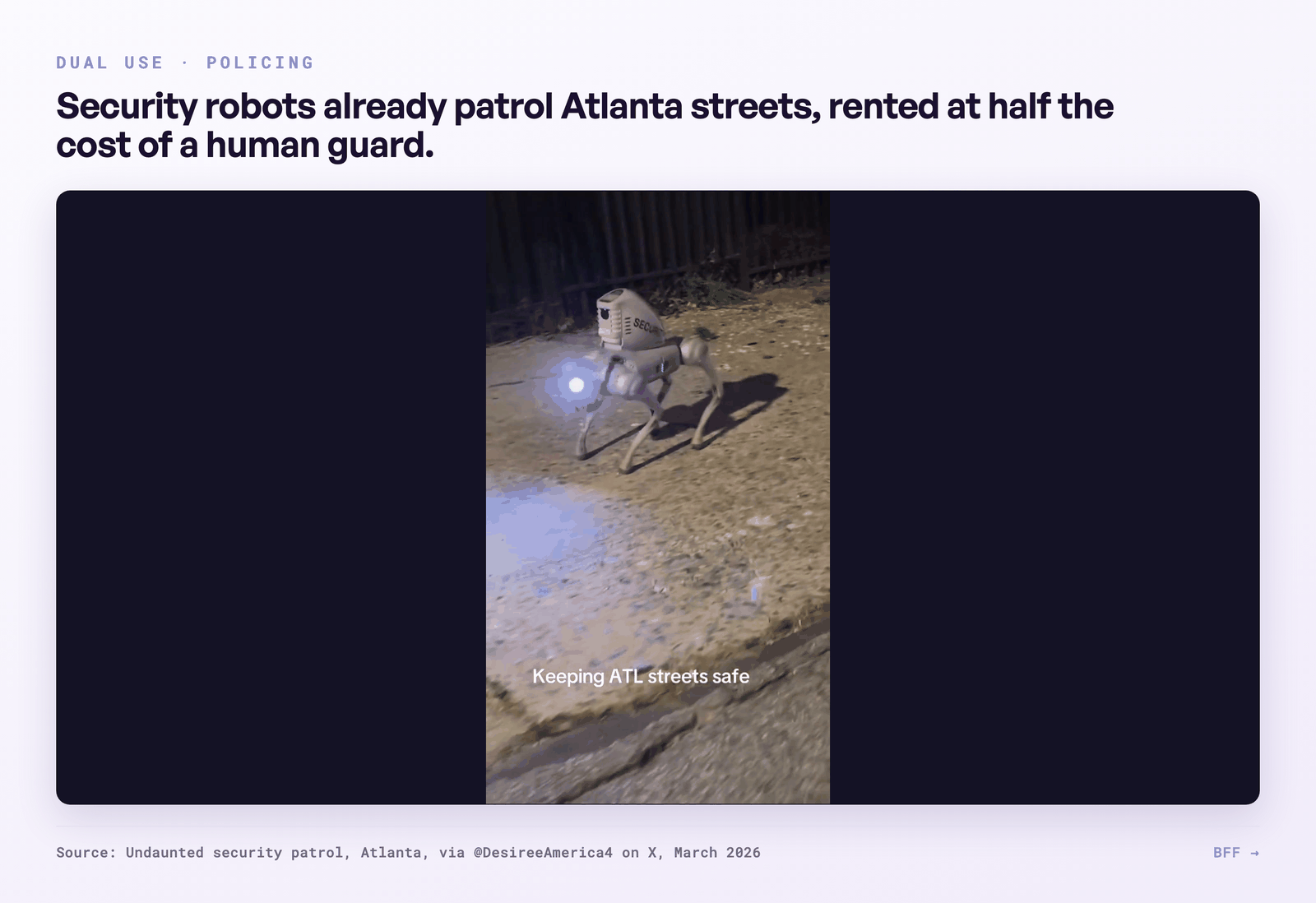 De politiehelft van dual use: een gehuurde beveiligingsrobot op patrouille.